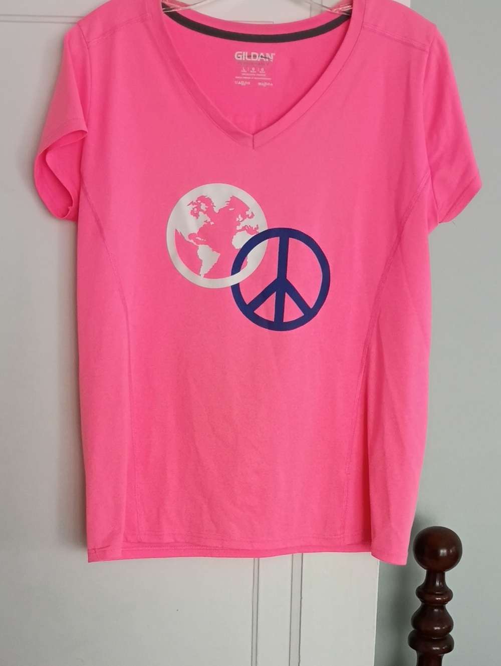 Gildan Pink V-Neck Tee with Navy Peace & White Globe . Believe Quote.